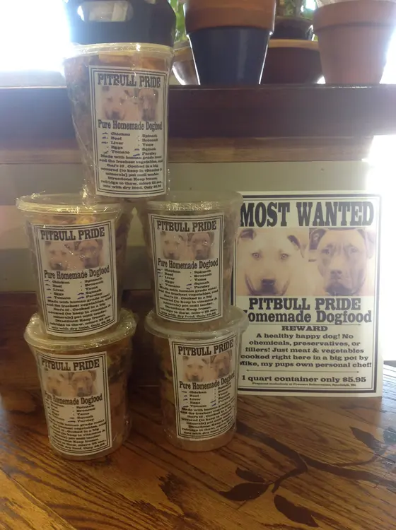 Pitbull Pride homemade dog food on the counter